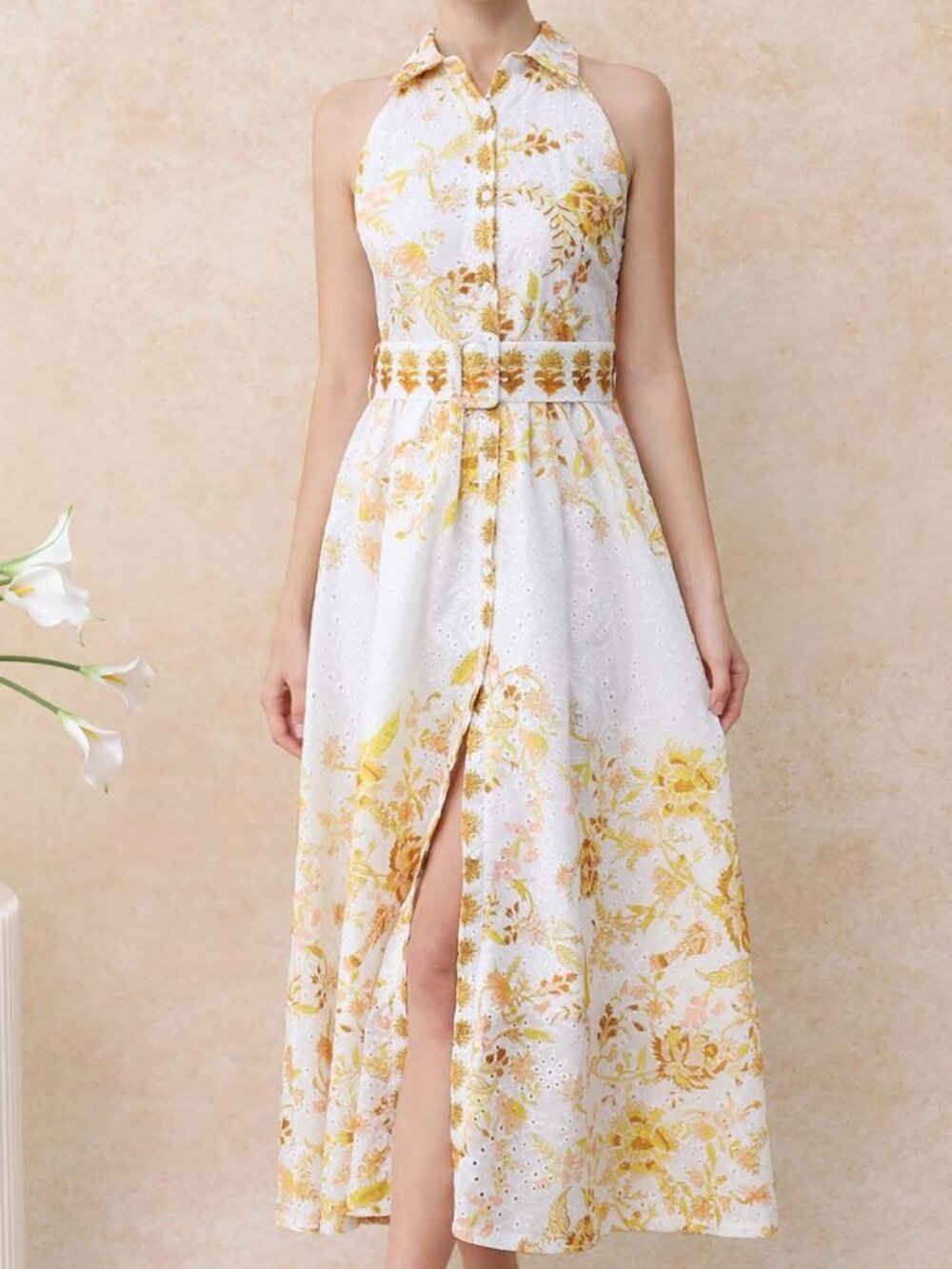 Chicwish Maxi Dress Small Yellow White Floral Embroidered Eyelet Belted Button